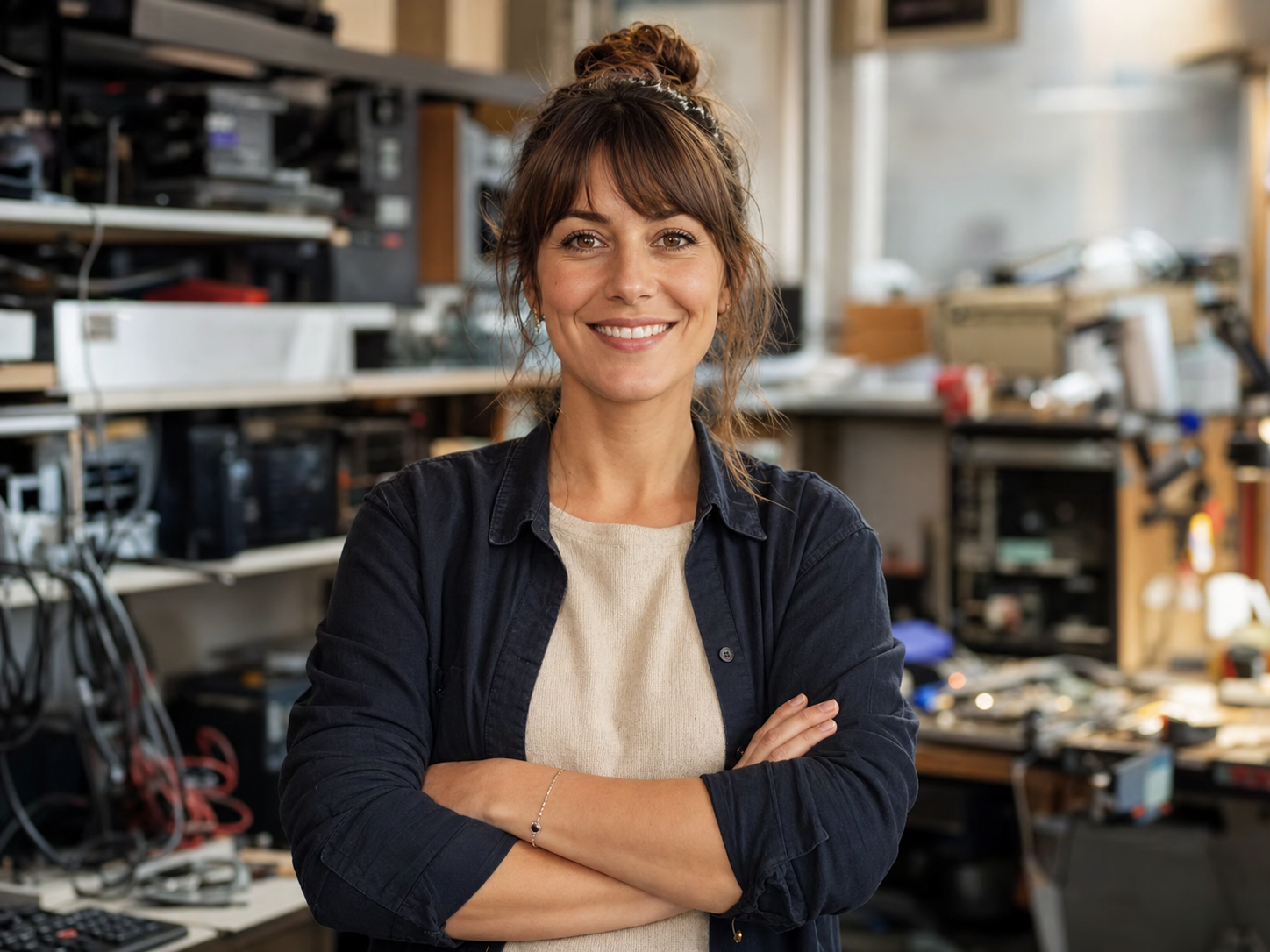 Portrait de Marine Dupuis, gérante de l'atelier Matériel, souriante bras croisés dans son atelier informatique d'Alençon avec étagères de composants en arrière-plan