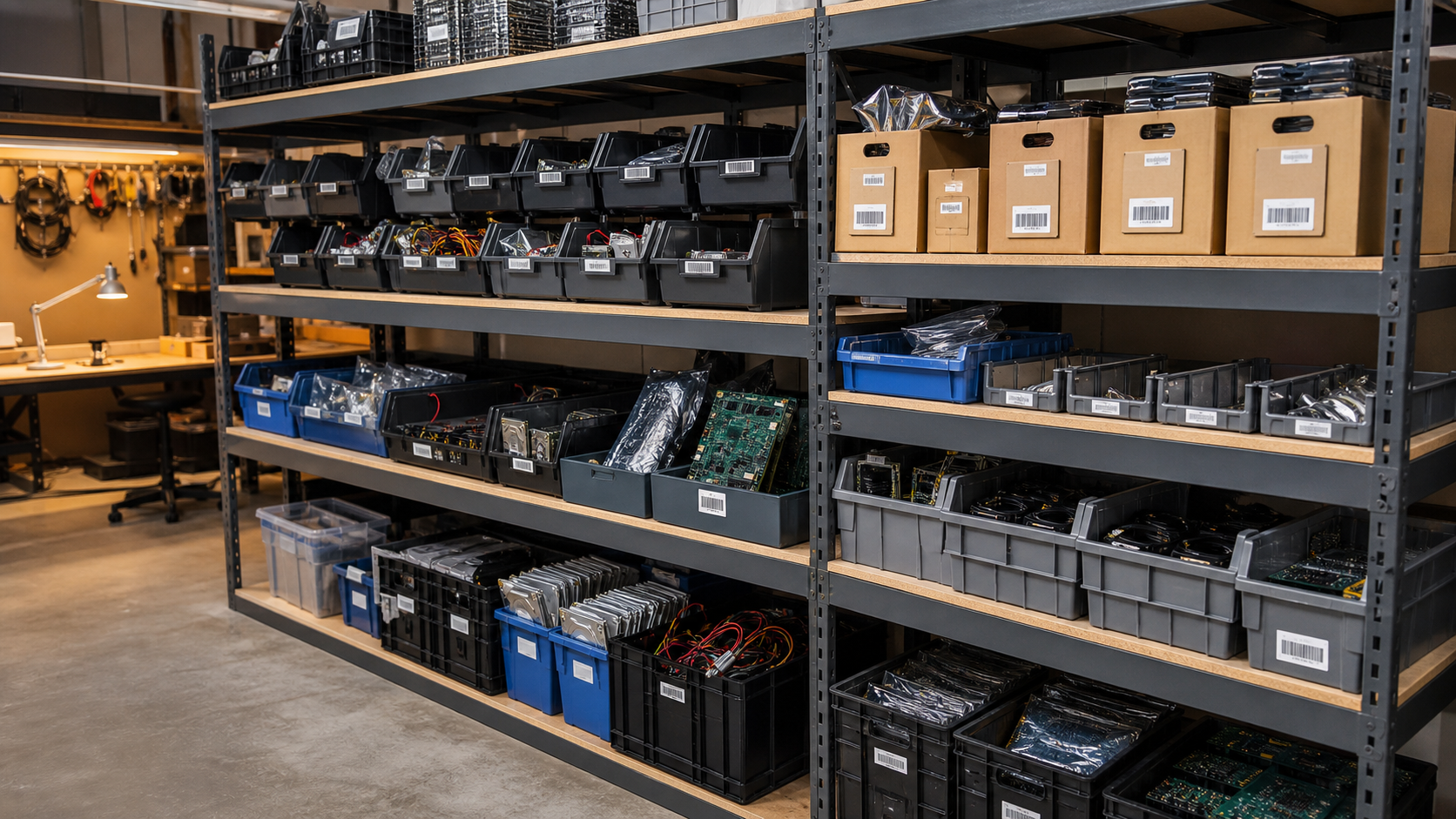 Vue large d'un rayonnage d'atelier stockant des bacs étiquetés de composants informatiques, câbles organisés et étiquettes code-barres