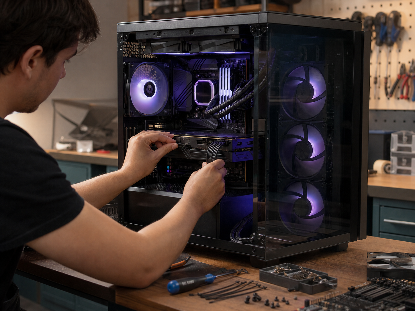 Technicien assemblant un PC sur mesure dans un boîtier vitré avec gestion des câbles et éclairage RGB