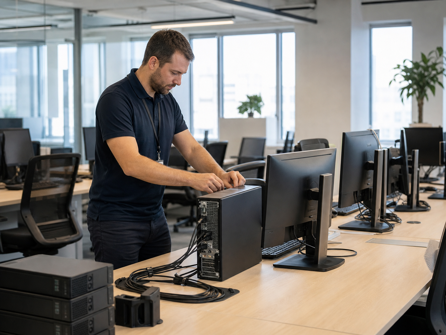 Technicien installant plusieurs ordinateurs de bureau et écrans dans un open space d'entreprise