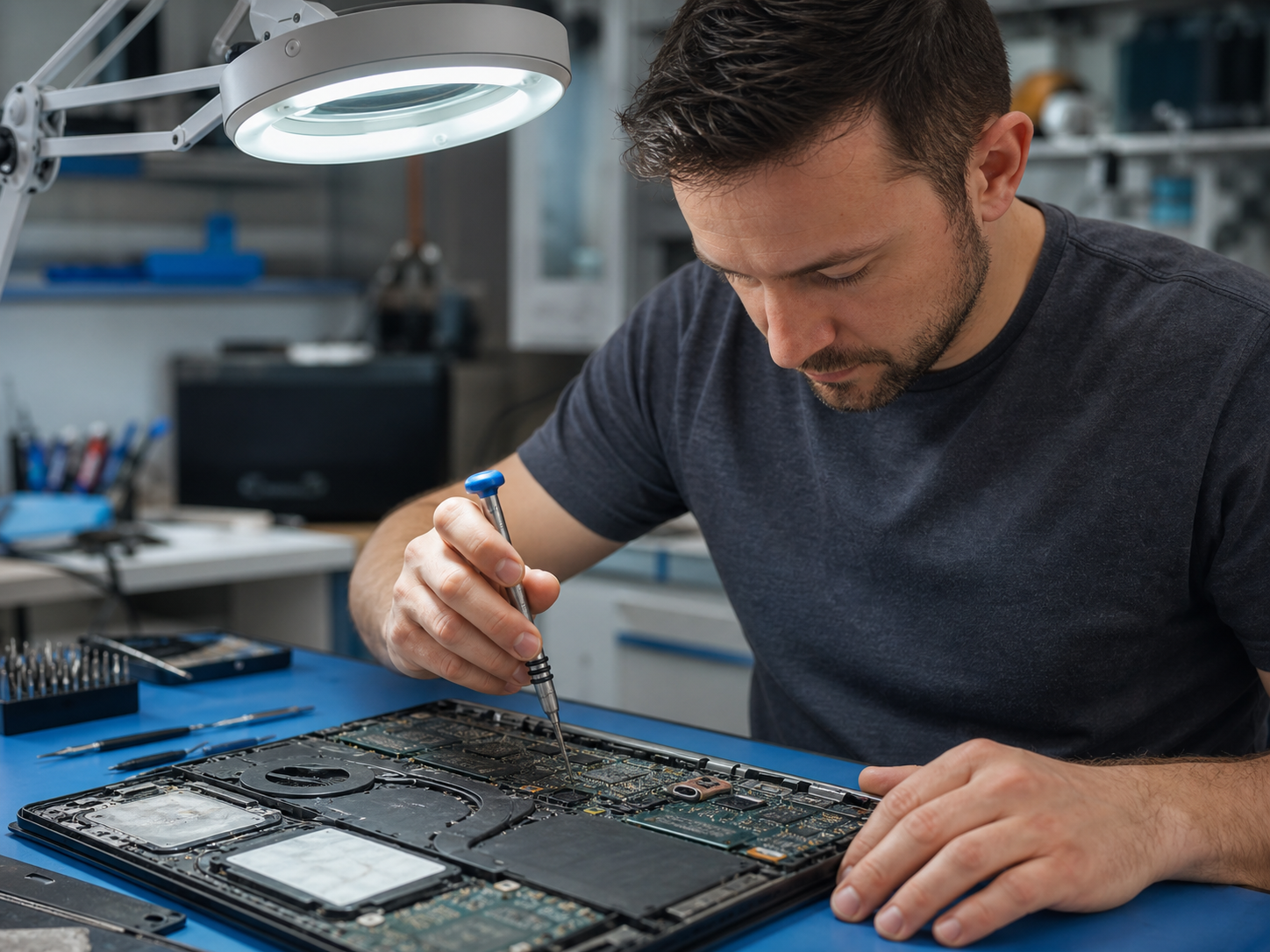 Technicien réparant un ordinateur portable, tournevis de précision et carte mère visibles sur l'établi