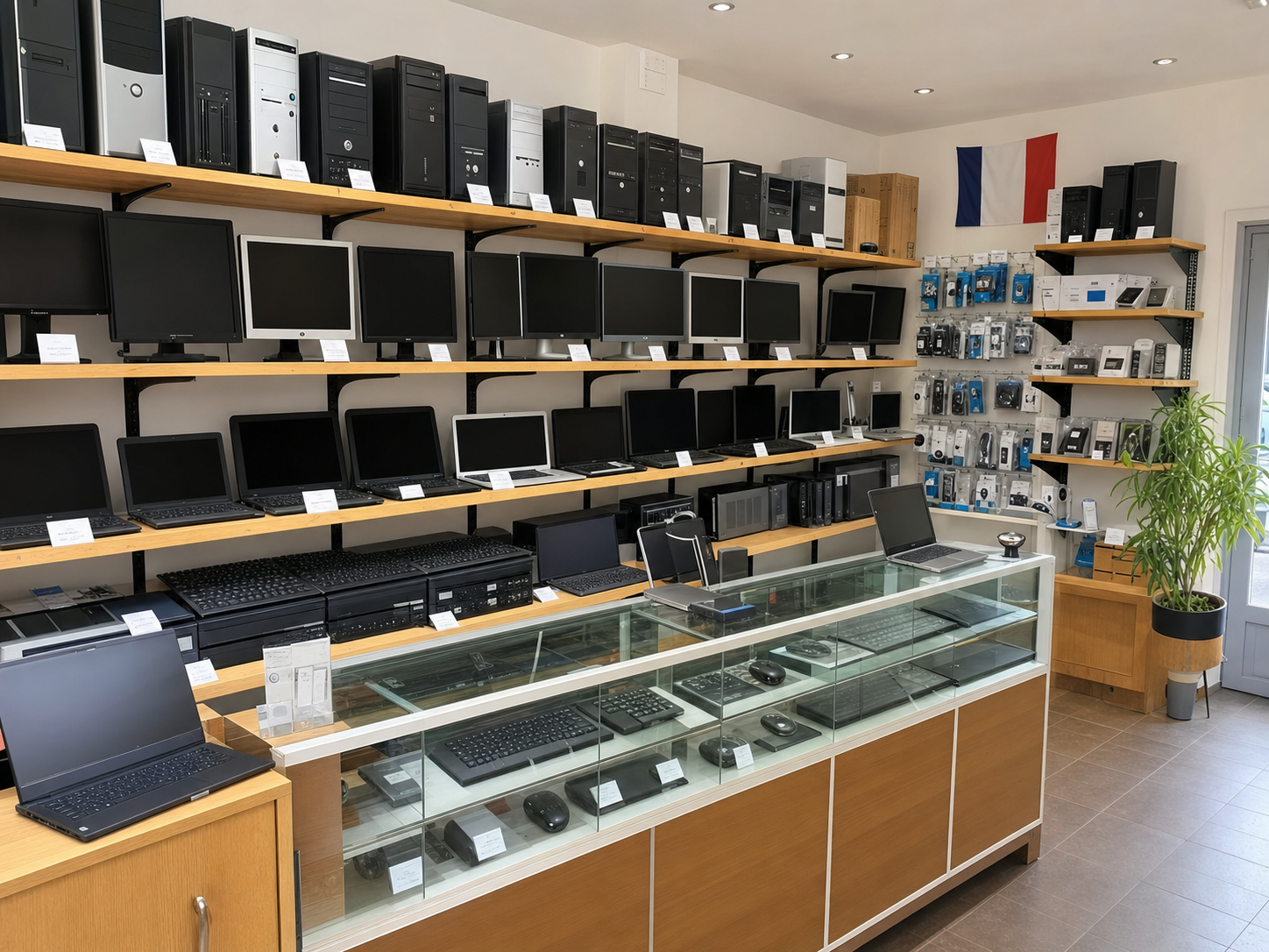 Rayon de boutique informatique avec ordinateurs de bureau et portables neufs et reconditionnés soigneusement rangés, étiquettes de prix visibles